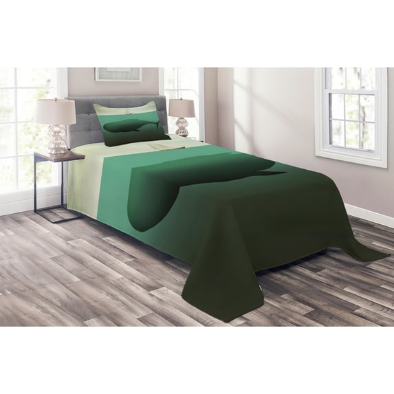 Ambesonne Fantasy Quilted Coverlet 2 Pcs, Giant Whale Sailboat, Twin Size, Green Beige