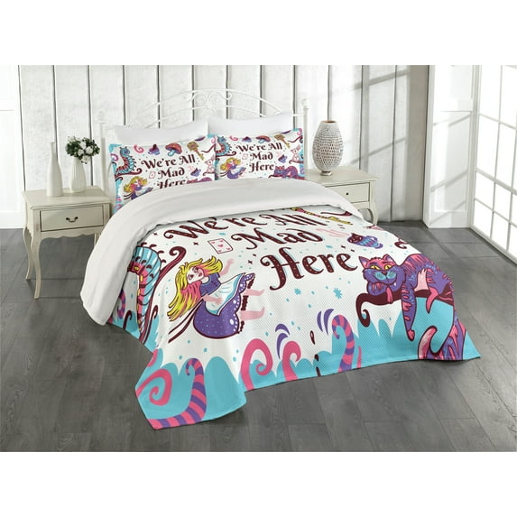 Ambesonne Fantasy Quilted Coverlet 3 Pcs, Alice in Wonderland, King Size, Multicolor