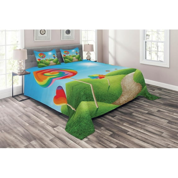 Ambesonne Fantasy Quilted Coverlet 3 Pcs, Candy Land Lollipops, Queen Size, Green Blue Red