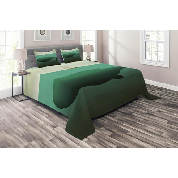 Ambesonne Fantasy Quilted Coverlet 3 Pcs, Giant Whale Sailboat, King Size, Green Beige