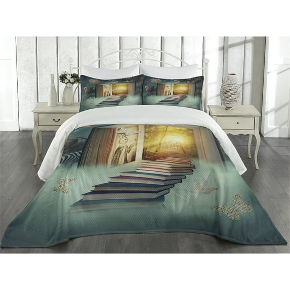 Ambesonne Fantasy Quilted Coverlet 3 Pcs, Magic Book and Animals, Queen Size, Teal and Yellow