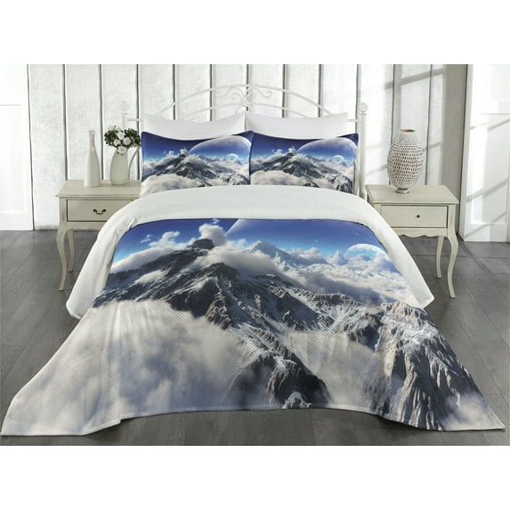 Ambesonne Fantasy Quilted Coverlet 3 Pcs, Snow Capped Mountain, Queen Size, White and Navy Blue