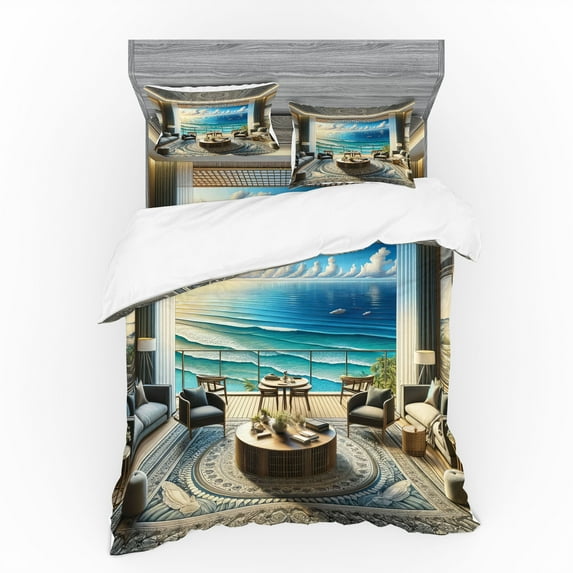 Ambesonne Fantasy Scenery Bedding Set 4 Pcs, Oriental Room Ocean, Calking, Coconut Blue and Turquoise