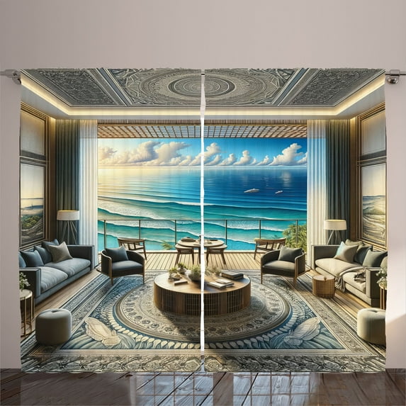 Ambesonne Fantasy Scenery Curtains 2 Panel Set, Oriental Room Ocean, 108" x 63", Coconut Blue and Turquoise