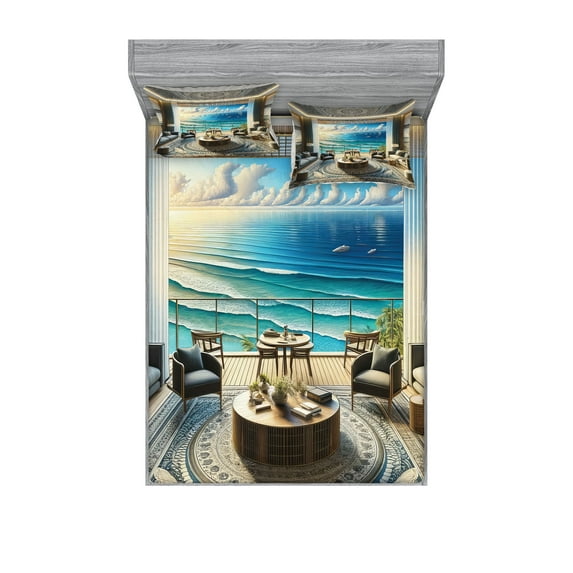 Ambesonne Fantasy Scenery Fitted Sheet & Pillow Sham Set, Oriental Room Ocean, King, Coconut Blue and Turquoise