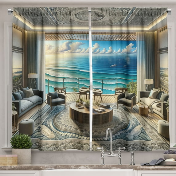 Ambesonne Fantasy Scenery Kitchen Curtains, Oriental Room Ocean, 55"x30", Coconut Blue and Turquoise
