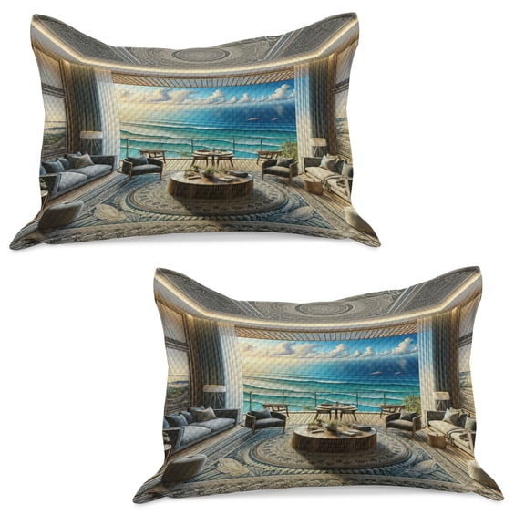 Ambesonne Fantasy Scenery Knitted Quilt Pillowcover Set of 2, Oriental Room Ocean, 30" x 20", Coconut Blue and Turquoise