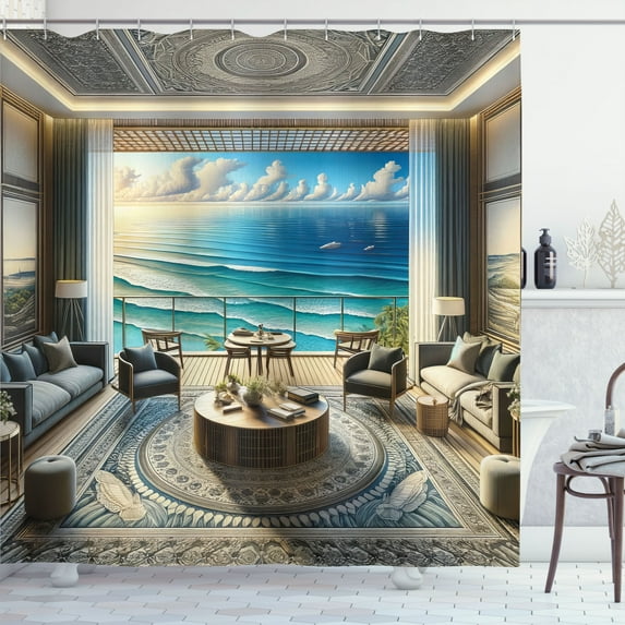 Ambesonne Fantasy Scenery Shower Curtain, Oriental Room Ocean, 69"Wx84"L, Coconut Blue and Turquoise