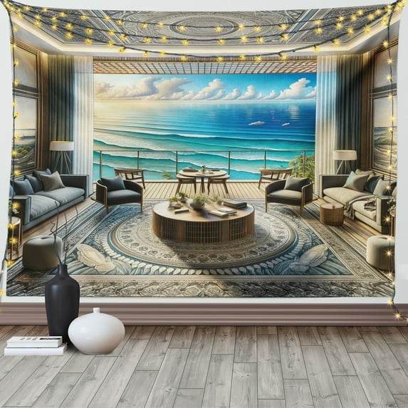 Ambesonne Fantasy Scenery Tapestry Wall Hanging, Oriental Room Ocean, 80"x60", Coconut Blue and Turquoise