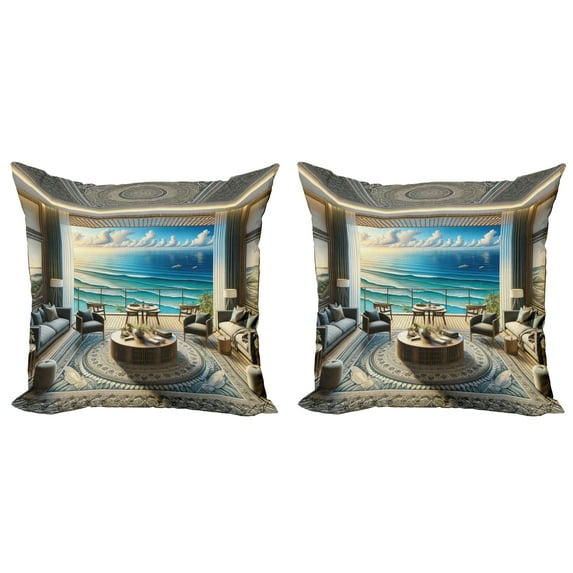 Ambesonne Fantasy Scenery Throw Pillow Cover 2 Pack, Oriental Room Ocean, 20", Coconut Blue and Turquoise