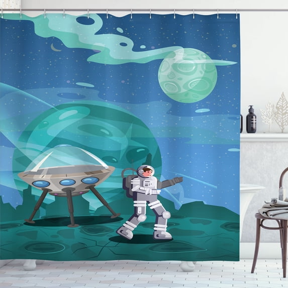Ambesonne Fantasy Shower Curtain, Astronaut Exploring Planet, 69"Wx84"L, Mint Green and Dark Turquoise