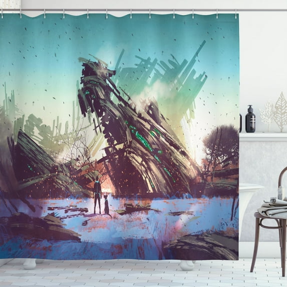 Ambesonne Fantasy Shower Curtain, Crashed Spaceship Art, 69"Wx84"L, Blue Green