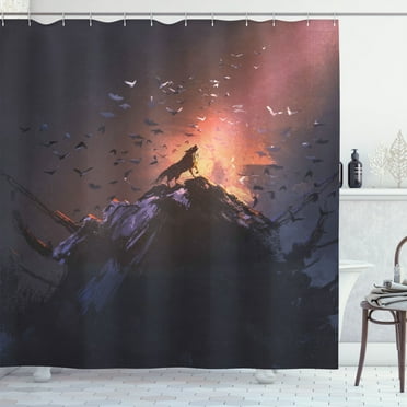 Ambesonne Fantasy Shower Curtain, Howling Wolf on Rock, 69"Wx70"L, Multicolor