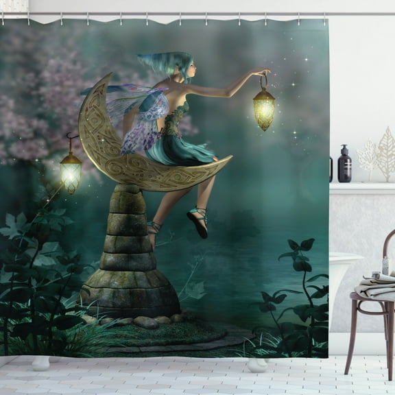 Ambesonne Fantasy Shower Curtain, Little Pixie in Forest Art, 69"Wx70"L, Yellow Lilac Teal