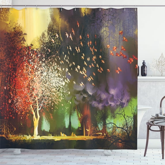 Ambesonne Fantasy Shower Curtain, Mysterious Trees Birds, 69"Wx84"L, Yellow Purple