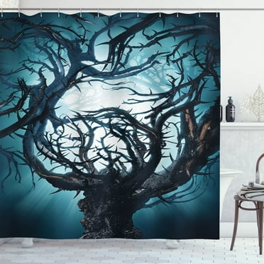 Ambesonne Fantasy Shower Curtain, Night Big Mystic Tree, 69"Wx84"L, Teal White