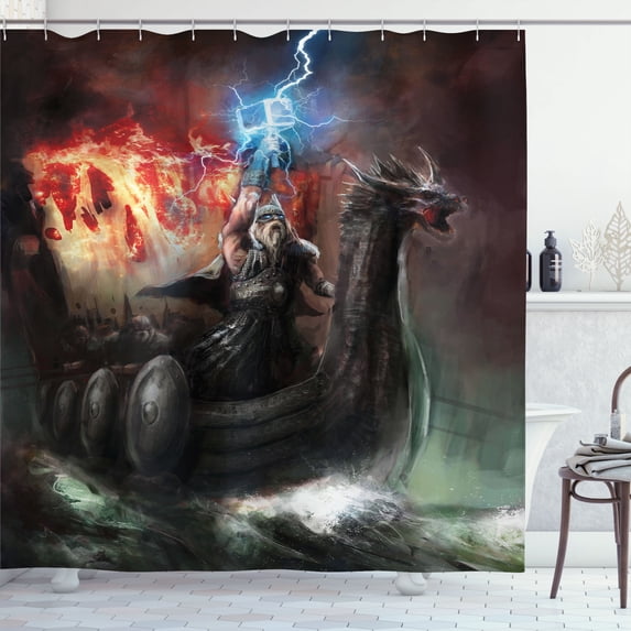 Ambesonne Fantasy Shower Curtain, Thunder Storm Vikings, 69"Wx70"L, Grey Orange