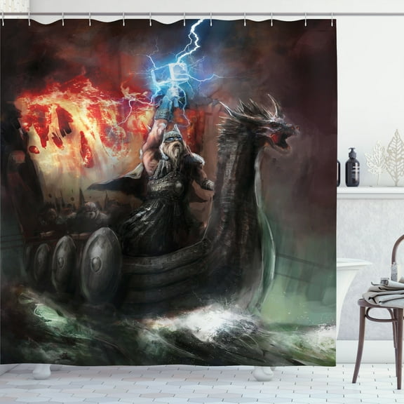 Ambesonne Fantasy Shower Curtain, Thunder Storm Vikings, 69"Wx84"L, Grey Orange