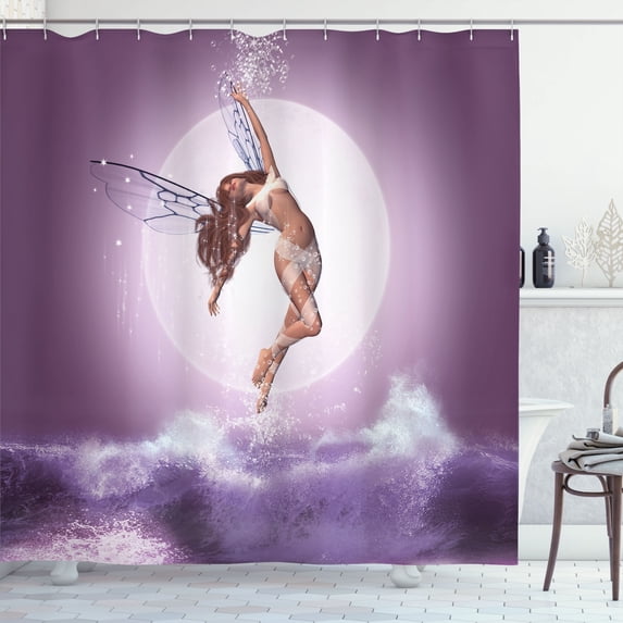 Ambesonne Fantasy Shower Curtain, on Purple Waves Moon, 69"Wx70"L, Eggplant Quartz Pale Rust