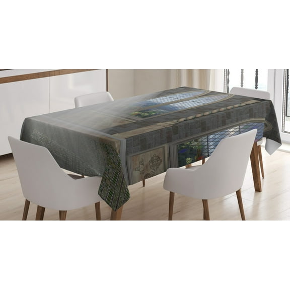 Ambesonne Fantasy Tablecloth Rectangular Table Cover, Crepuscular Rays Palace, 60"x84", Grey Cream White