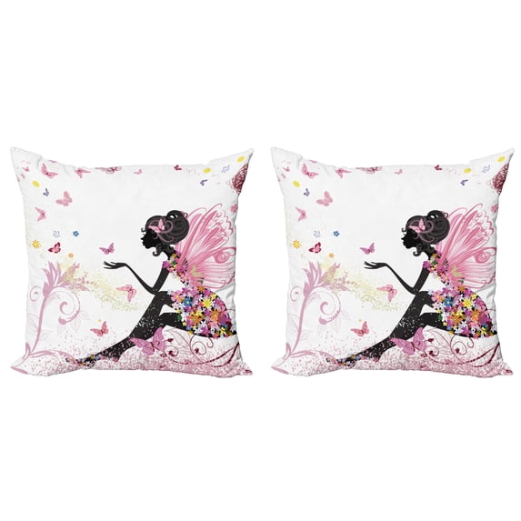 Ambesonne Fantasy Throw Pillow Cover 2 Pack, Butterfly Lady in Flowers, 24", Multicolor