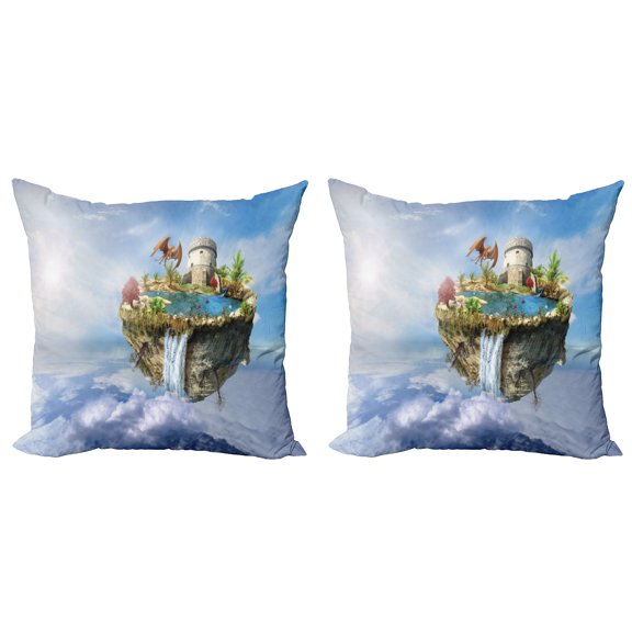 Ambesonne Fantasy Throw Pillow Cover 2 Pack, Dragon Castle Tower, 16", Green and Blue