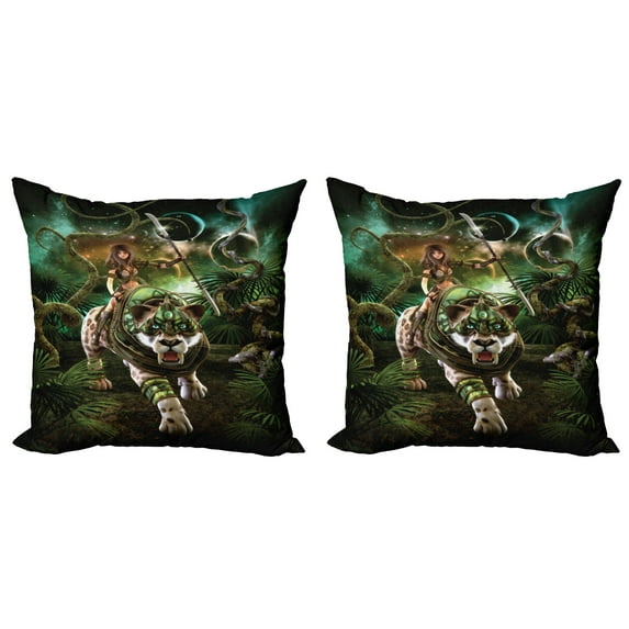 Ambesonne Fantasy Throw Pillow Cover 2 Pack, Fantasy Tiger Galaxy, 24", Green