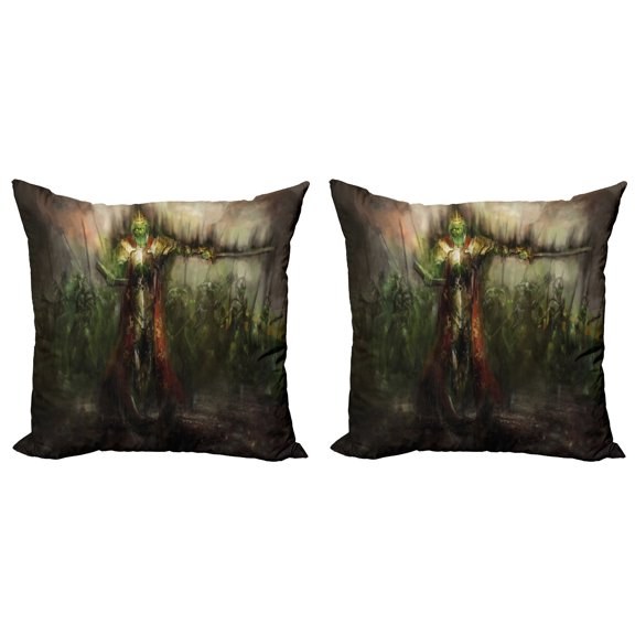 Ambesonne Fantasy Throw Pillow Cover 2 Pack, Ghost King in Field, 16", Green and Brown