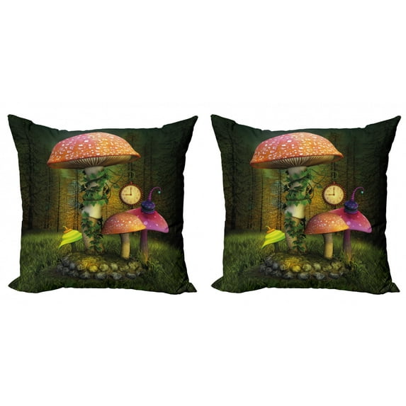 Ambesonne Fantasy Throw Pillow Cover 2 Pack, Giant Mushroom and Elve, 18", Green Coral