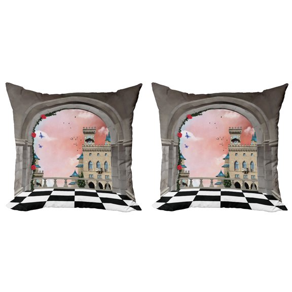 Ambesonne Fantasy Throw Pillow Cover 2 Pack, Medieval Castle Balcony, 16", Multicolor
