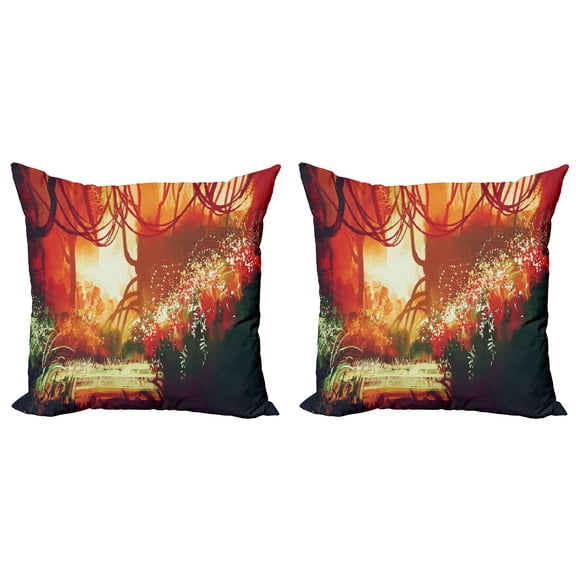 Ambesonne Fantasy Throw Pillow Cover 2 Pack, Modern Autumn Forest, 20", Orange Green