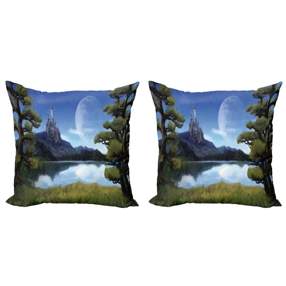 Ambesonne Fantasy Throw Pillow Cover 2 Pack, Riverside Lake Scene, 18", Green and Blue