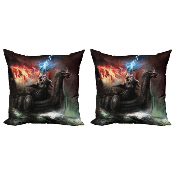 Ambesonne Fantasy Throw Pillow Cover 2 Pack, Thunder Storm Vikings, 16", Grey Orange