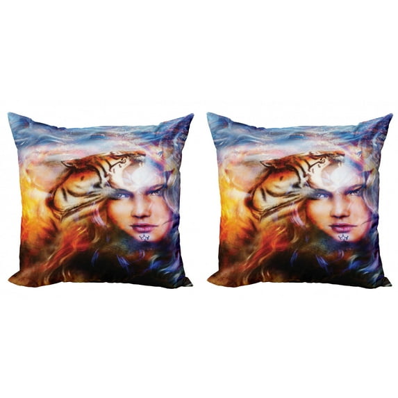 Ambesonne Fantasy Throw Pillow Cover 2 Pack, Tiger and Lion Head, 16", Yellow Brown Blue