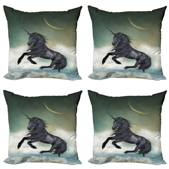 Ambesonne Fantasy Throw Pillow Cover 4 Pack, Black Unicorn in Ocean, 24", Multicolor