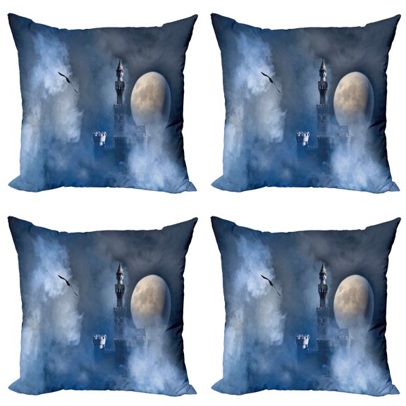Ambesonne Fantasy Throw Pillow Cover 4 Pack, Castle on Clouds Gothic, 24", Dark Blue