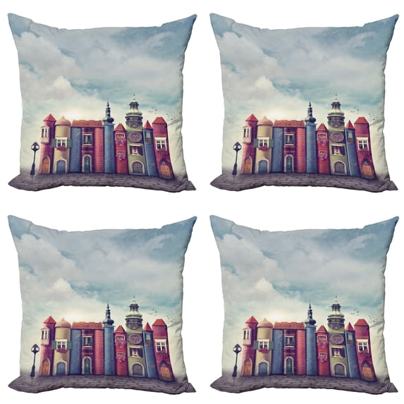 Ambesonne Fantasy Throw Pillow Cover 4 Pack, City of Old Books Birds, 24", Red and Blue