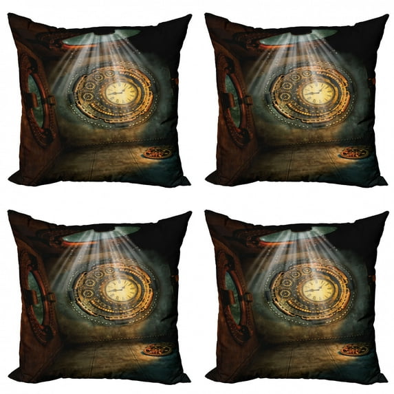 Ambesonne Fantasy Throw Pillow Cover 4 Pack, Clock Dream Sky Fiction, 16", Brown and Teal