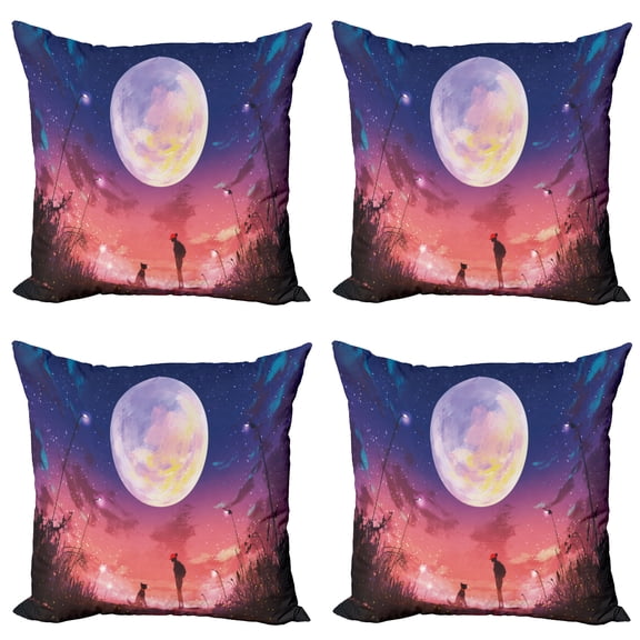 Ambesonne Fantasy Throw Pillow Cover 4 Pack, Dog Under Huge Moon, 16", Navy Coral