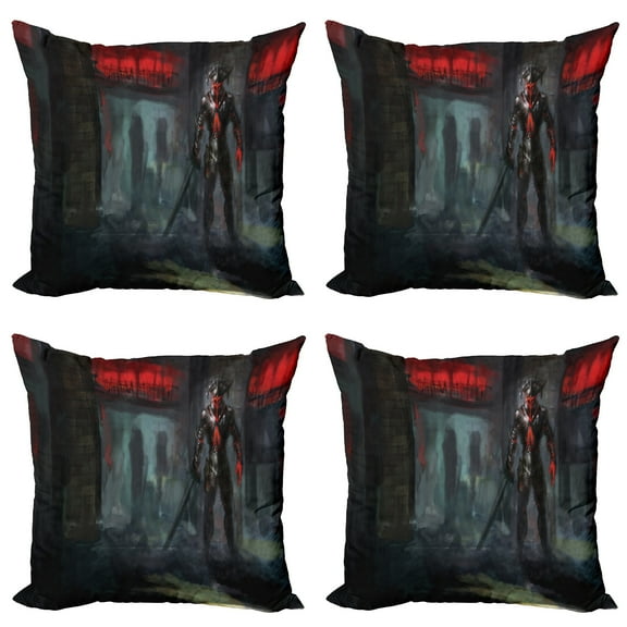 Ambesonne Fantasy Throw Pillow Cover 4 Pack, Fantasy Building Gothic, 16", Grey and Red