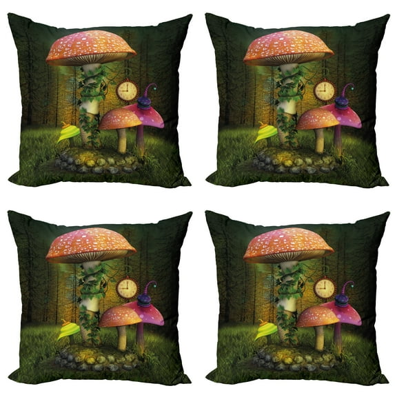 Ambesonne Fantasy Throw Pillow Cover 4 Pack, Giant Mushroom and Elve, 16", Green Coral