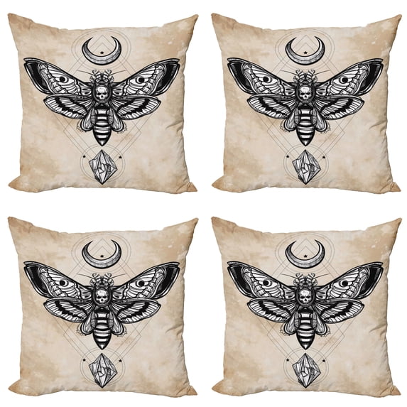 Ambesonne Fantasy Throw Pillow Cover 4 Pack, Hawk Moth Skull Magic, 18", White Black and Cream