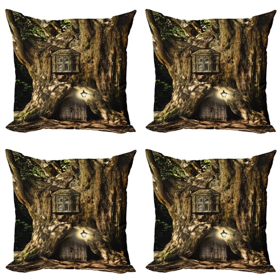 Ambesonne Fantasy Throw Pillow Cover 4 Pack, House Tree, 18", Umber Brown