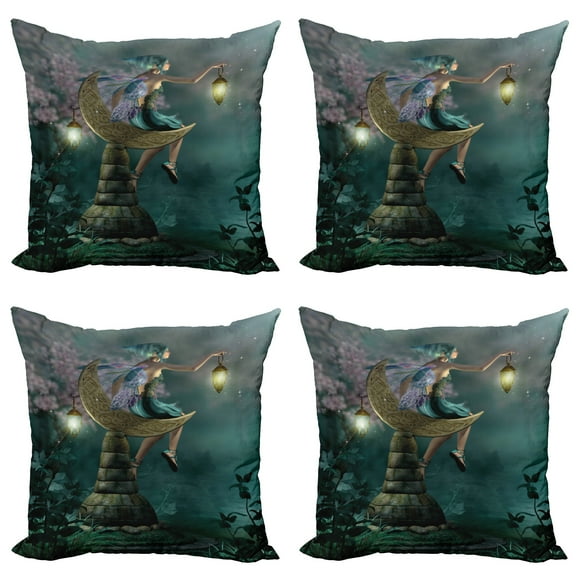 Ambesonne Fantasy Throw Pillow Cover 4 Pack, Little Pixie in Forest Art, 16", Yellow Lilac Teal