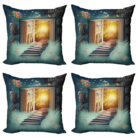 Ambesonne Fantasy Throw Pillow Cover 4 Pack, Magic Book and Animals, 18", Teal and Yellow