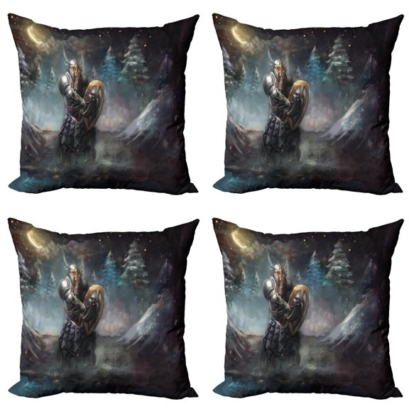 Ambesonne Fantasy Throw Pillow Cover 4 Pack, Medieval Dwarf Knight, 18", Multicolor