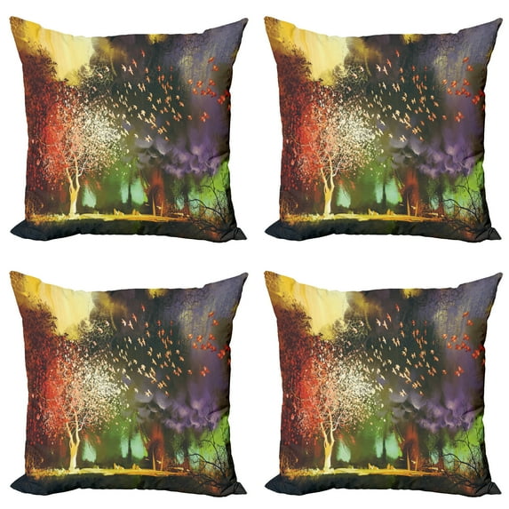 Ambesonne Fantasy Throw Pillow Cover 4 Pack, Mysterious Trees Birds, 18", Yellow Purple