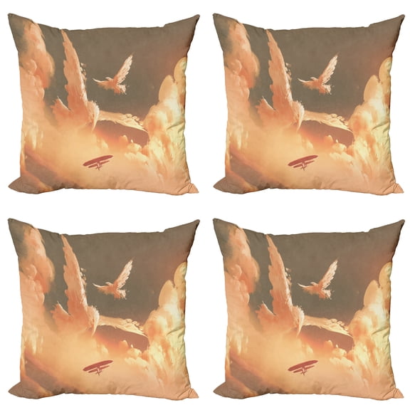 Ambesonne Fantasy Throw Pillow Cover 4 Pack, Plane in Sunset Cloud, 24", Cream Blue