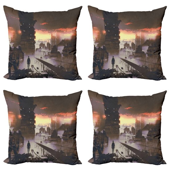 Ambesonne Fantasy Throw Pillow Cover 4 Pack, Sci-Fi Empty City Robot, 16", Dark Taupe Salmon