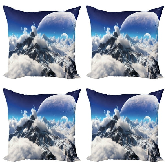 Ambesonne Fantasy Throw Pillow Cover 4 Pack, Snow Capped Mountain, 24", White and Navy Blue